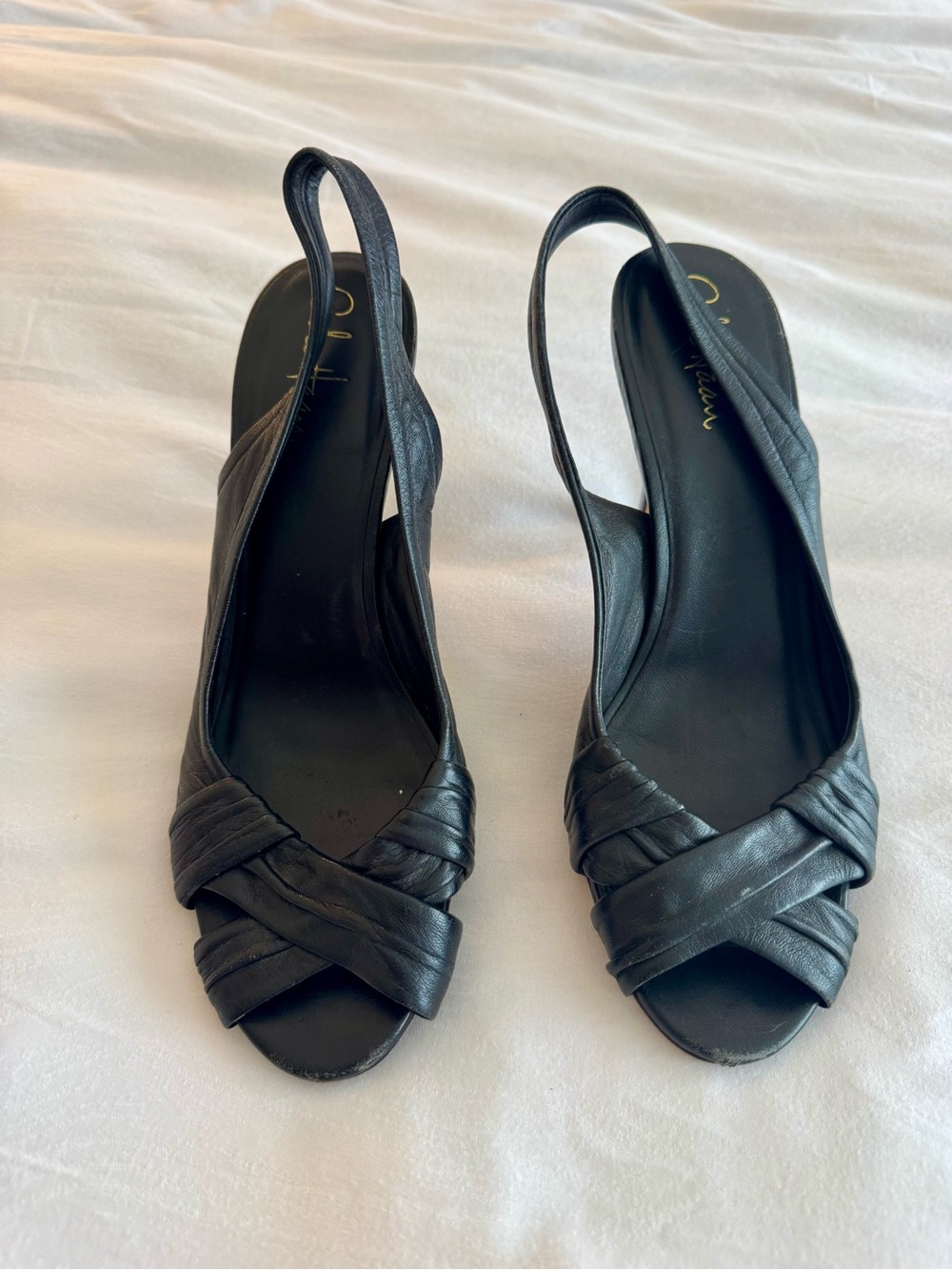 Cole Haan Nike Air Black Leather Slingback Peep-Toe Heels
